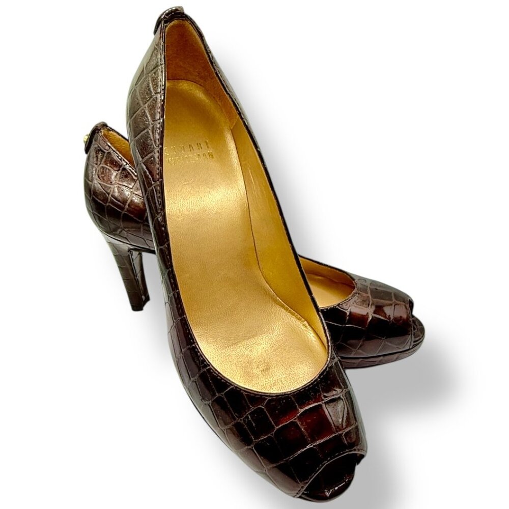 Stuart Weitzman Embossed Leather Animal Print Peep Toe Pumps Women's Size: 6.5